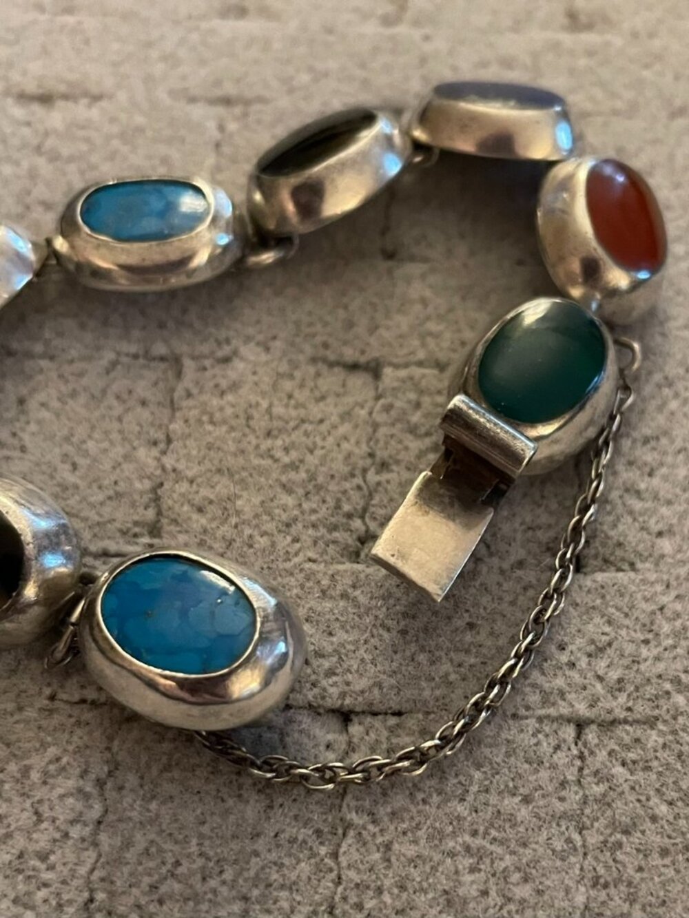 LAST Vintage TAXCO Bracelet Multi Stone 23 grams 7" 925 Mid Century Handmade - Picture 4 of 14